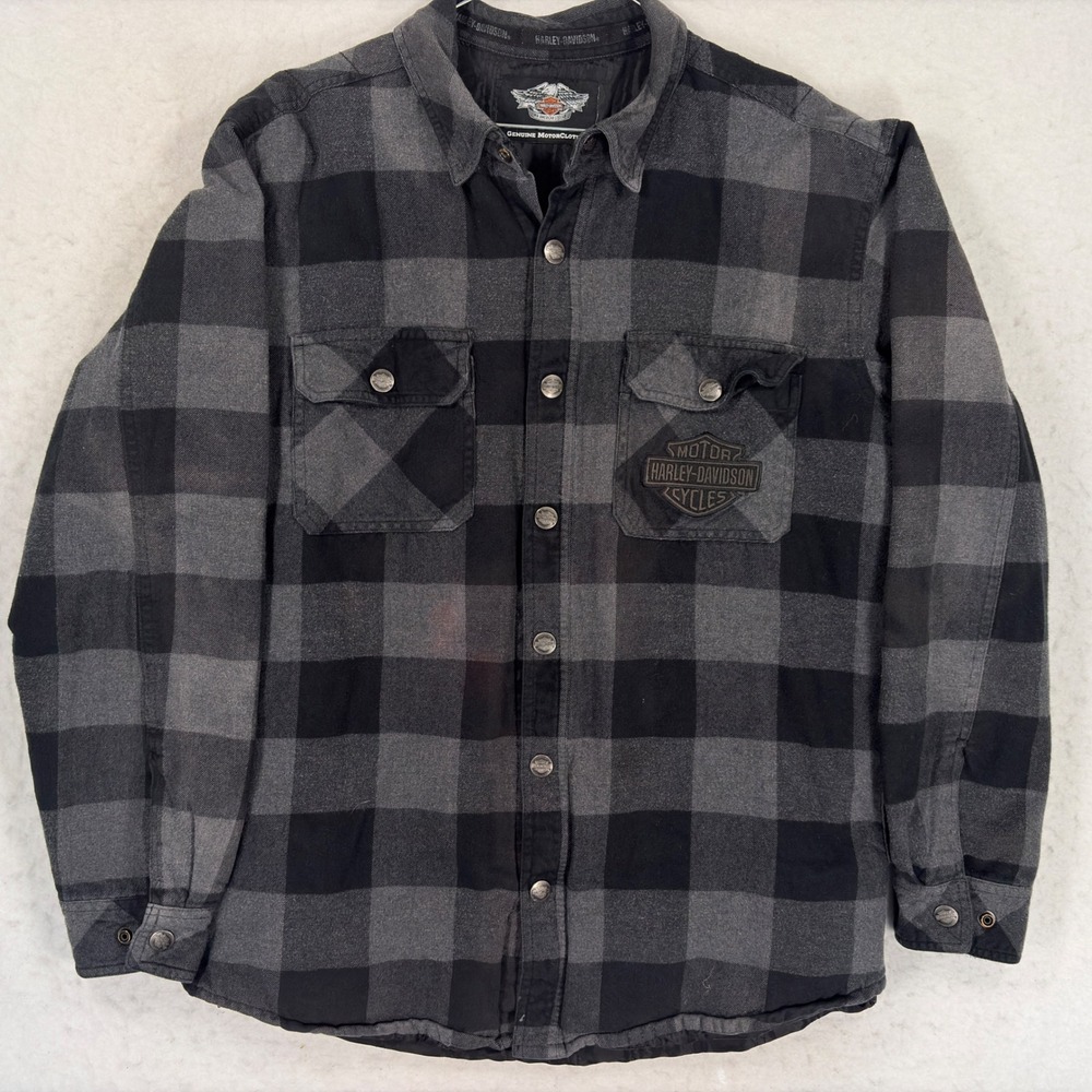 Harley Davidson Mens Plaid Flannel Quilted Shirt Jacket Black Grey Buffalo Check